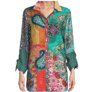 John Mark Shirt PL Geometric Paisley Button-Front Bohemian Patchwork Colorful